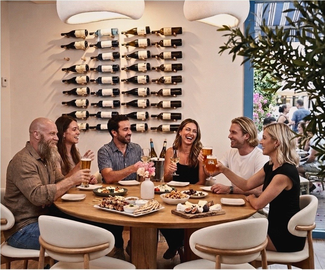 People enjoying happy hour with wine bottles